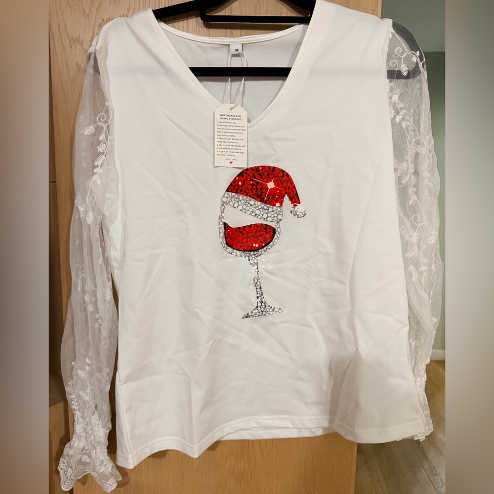 White Long Sleeve Top with Red Santa Hat Design